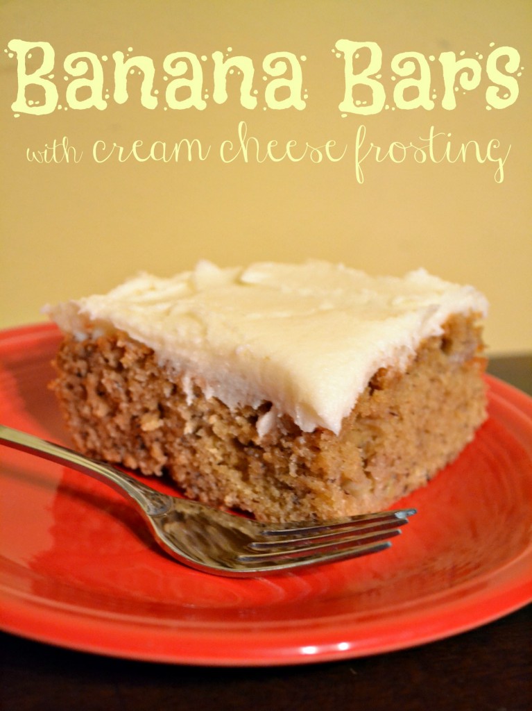 Banana Bars recipe. A favorite family recipe for banana bars (or cake) with cream cheese frosting. The perfect way to use up those ripe bananas! 