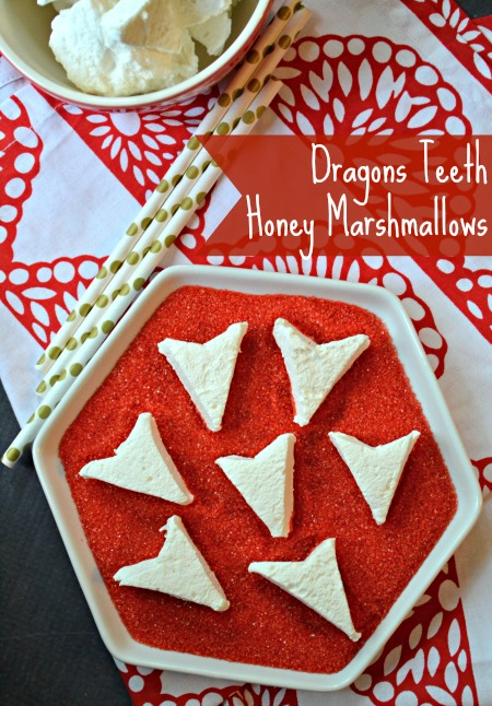 A simple recipe for homemade honey marshmallows that taste perfectly light and sweet. A great dessert idea for a party or gift, these are great in a cup of coffee. You can cut them into any shape you'd like, we chose Dragon's teeth for a Dragon party. 