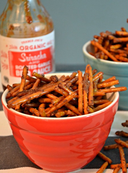 Sriracha BBQ Party Pretzels recipe. This is an irresistible snack to set out with the appetizer course. 