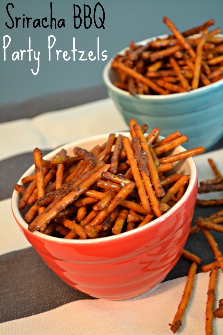 Sriracha BBQ Party Pretzels recipe. This is an irresistible snack to set out with the appetizer course. 