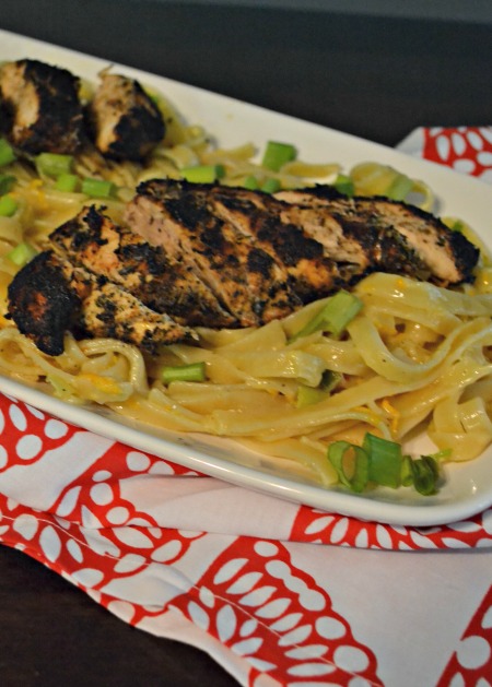 blackened chicken with pasta in orange sauce