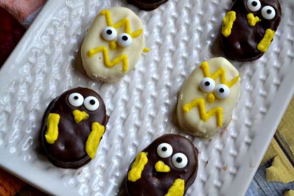 chocolate covered peanut butter chicks close up both