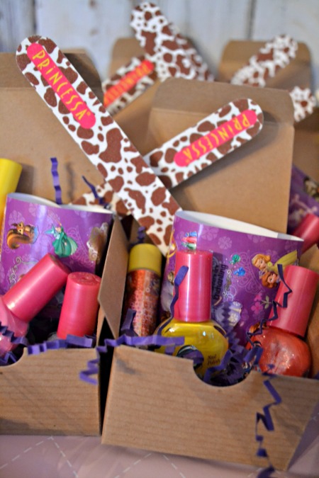 Simple princess party ideas, inspired by Sophia the First. princess and spa party favor, nail polish, lip gloss, stickers and emery boards. Perfect pampering for any little girl.